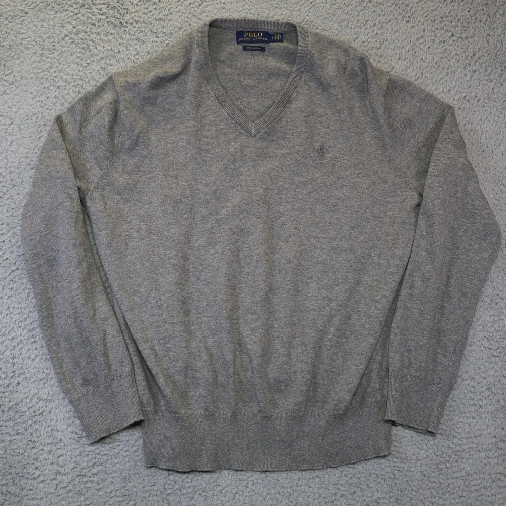Polo Ralph Lauren Mens Grey Pima Cotton V-Neck Sweater Size M Pony Logo 2426